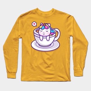 Cute Unicorn Sleeping In Cup Coffee Cartoon Long Sleeve T-Shirt